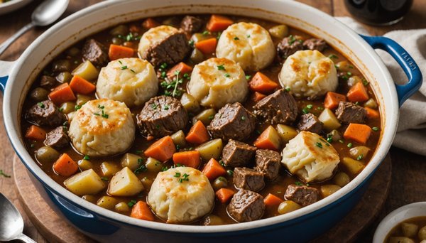 Discover the ultimate english beef stew recipe: savory flavors and fluffy dumplings await!